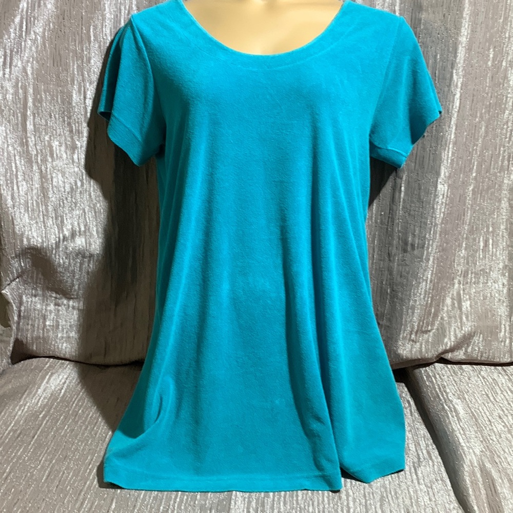 Tolga Designs Top Terry Cloth Tunic Blouse Short Sleeve Blue Size M Stretchy